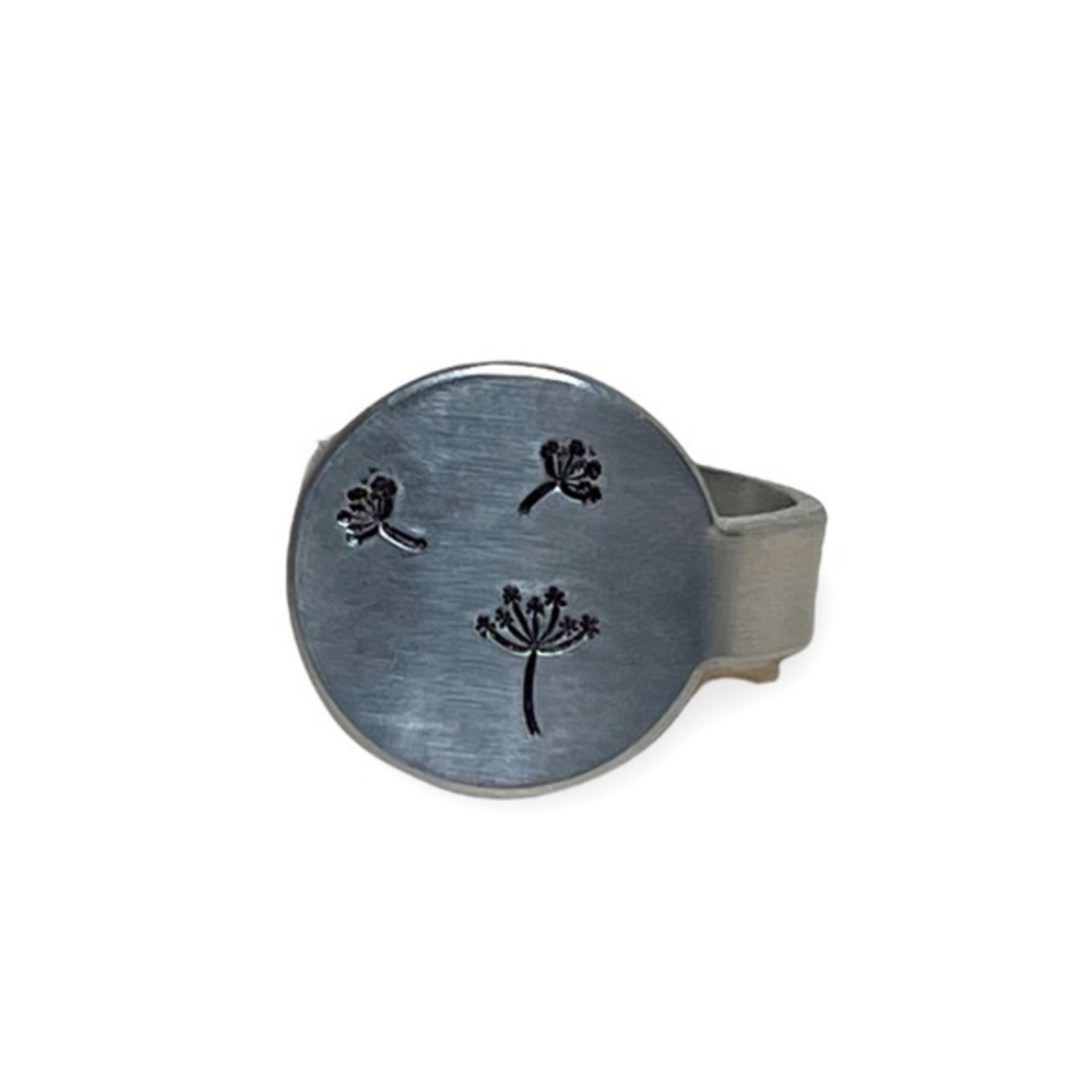 Handmade 9/10 stamped dandelion silver‎ adjustable hypoallergenic medallion ring